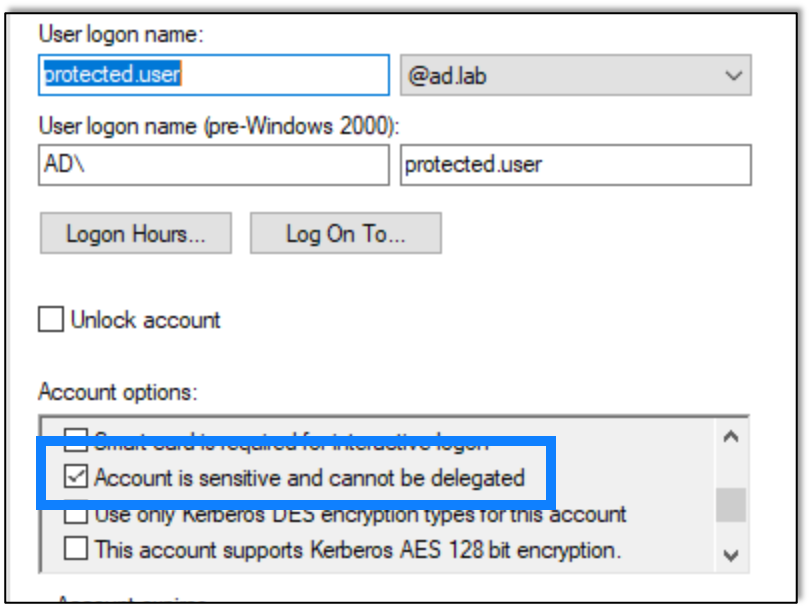 Checking the "Account is sensitive and cannot be delegated" box in protected.user's settings