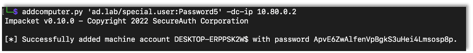 Using impacket’s addcomputer script to create a new machine account