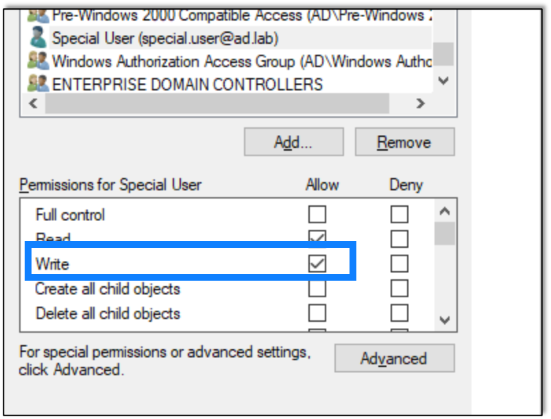 Adding the write privilege in order to modify the msDS-AllowedToActOnBehalfOfOtherIdentitity attribute