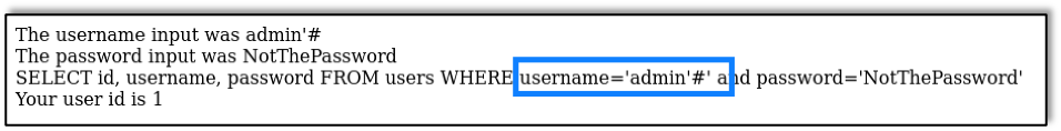 Highlighting that the MySQL # comment symbol allowed the SQL injection to work