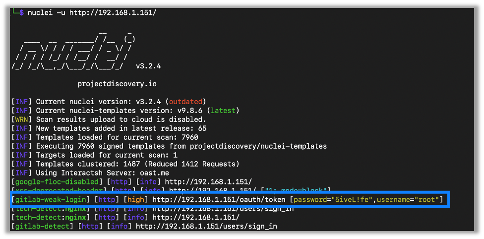 Nuclei discovering a default password.