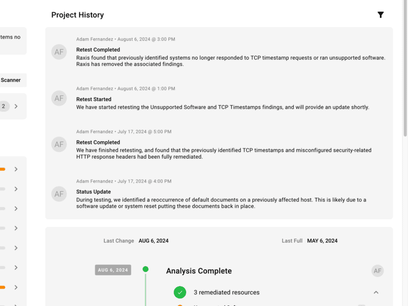 Penetration testing as a Service (PTaaS) project history screenshot shown from Raxis Attack