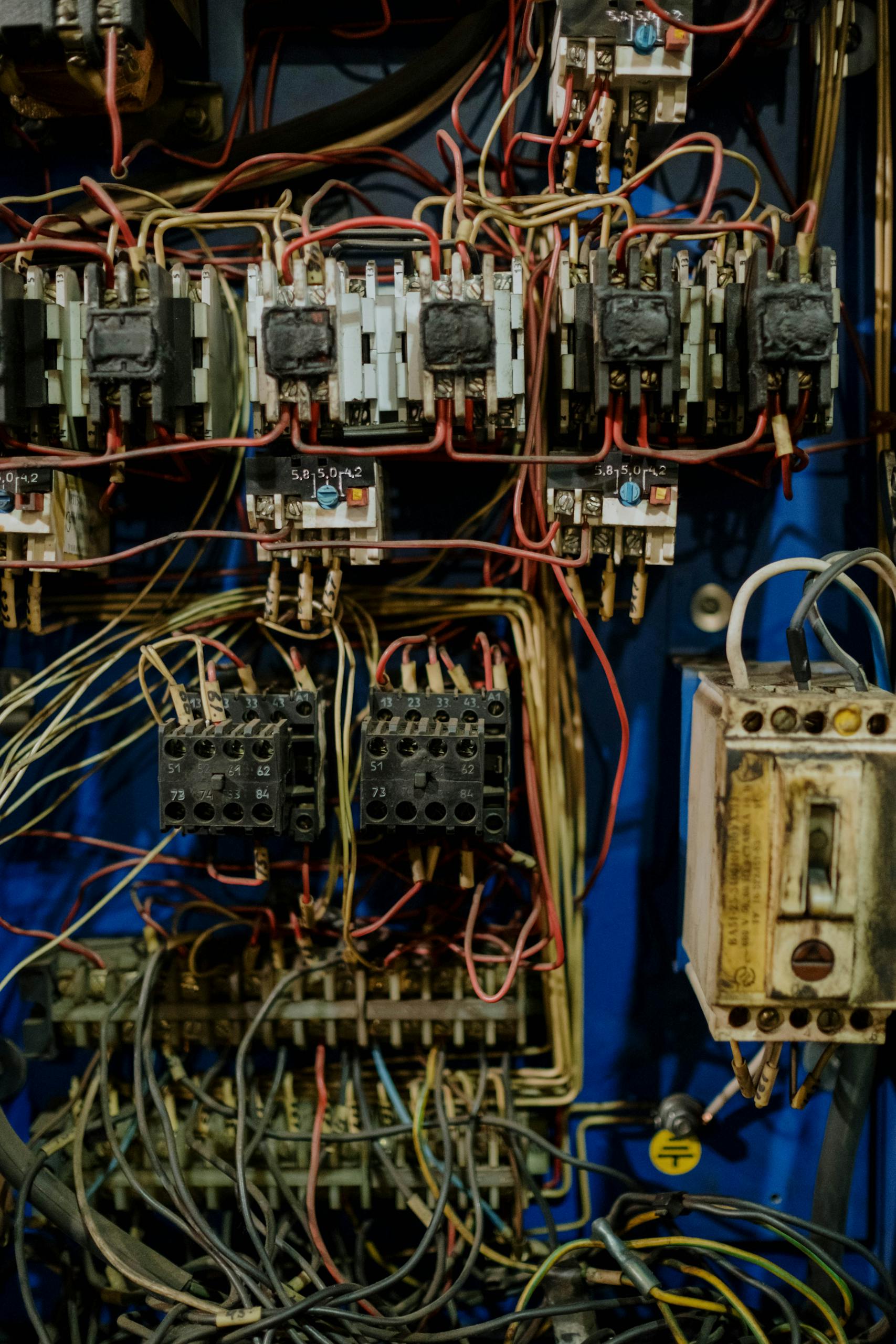 Close-up view of an intricate electrical wiring panel with various cables and connectors.