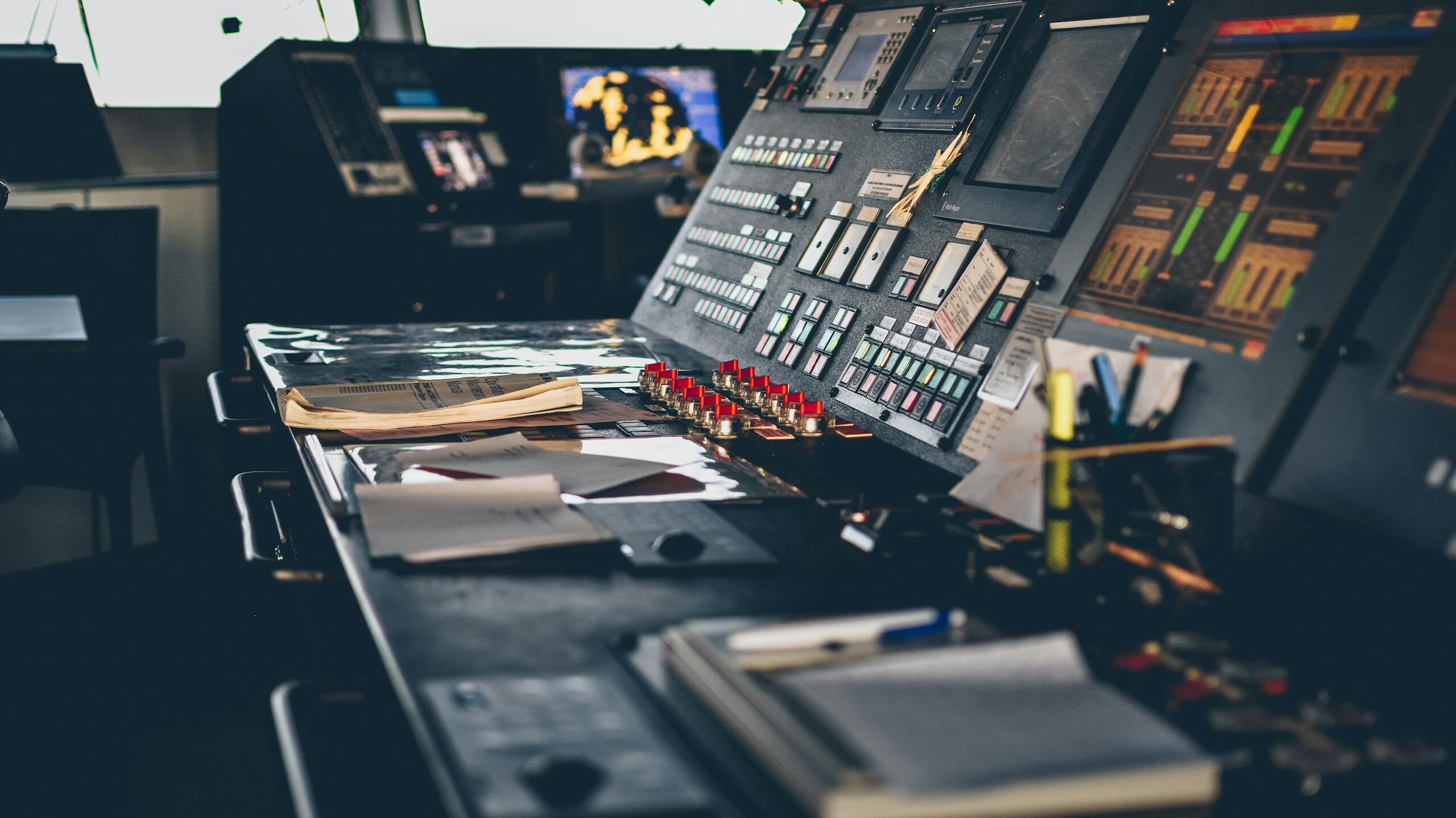 Close-up of a modern control panel in an Istanbul office with buttons and switches.