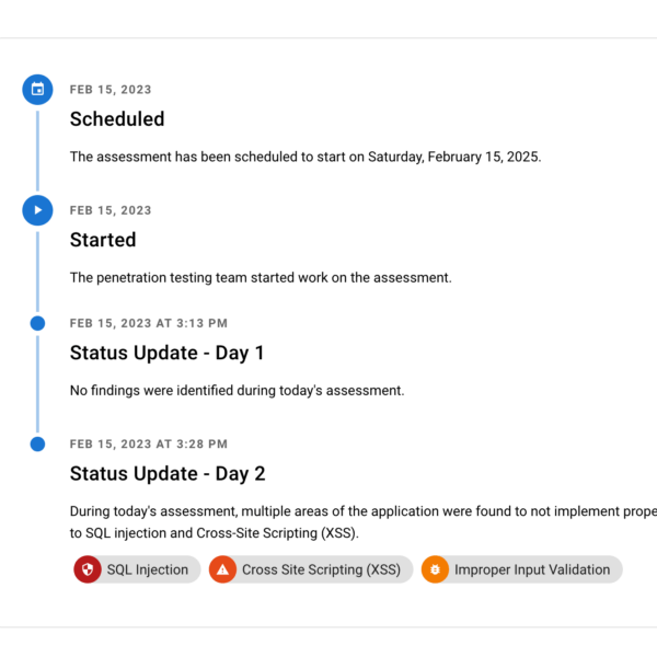 Raxis Attack screenshot of status updates during penetration testing engagement