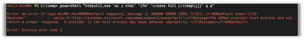 Running the powershell "ntdsutil.exe 'ac i ntds' 'ifm' 'create full c:\temp' q q" command