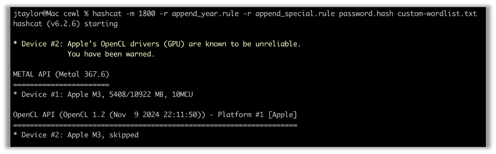 Hashcat command using CeWL wordlist and rules that add years and special characters