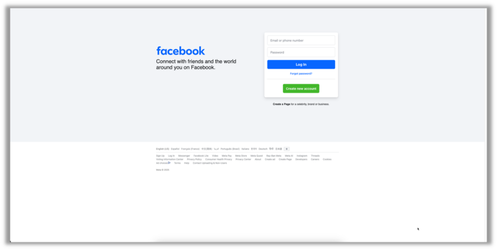 Screenshot of the actual Facebook login page