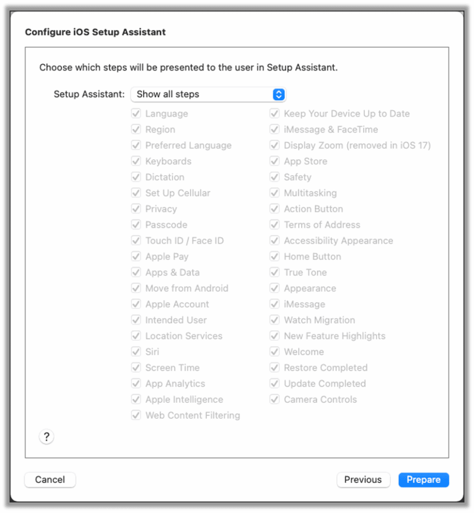 Configure iOS Setup Assistant dialog
