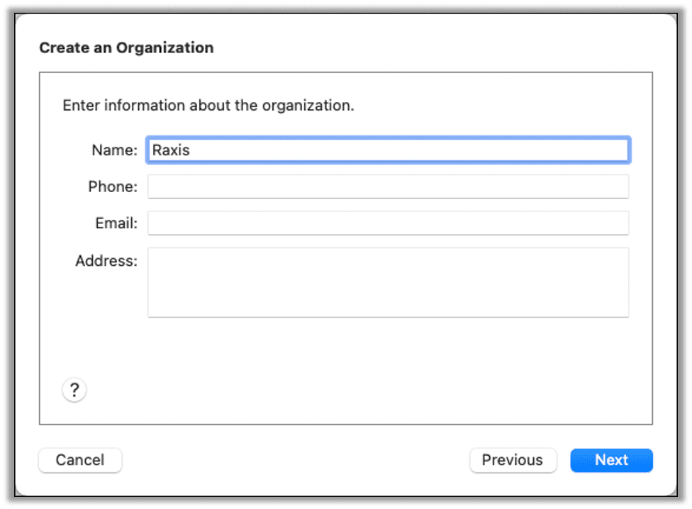 Create an Organization dialog