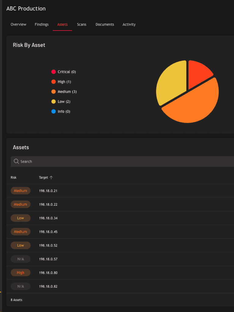 Penetration testing report, Risk by Asset