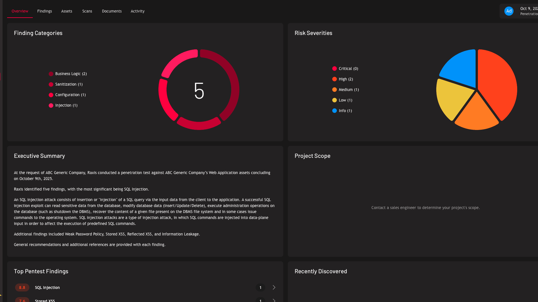 Raxis Attack screenshot showing findings and risk severity, perfect for government contractors.