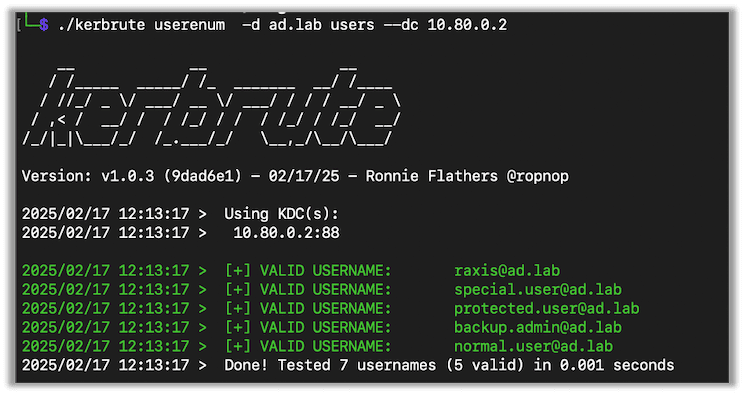 Using the --dc flag in Kerbrute to find domain controllers
