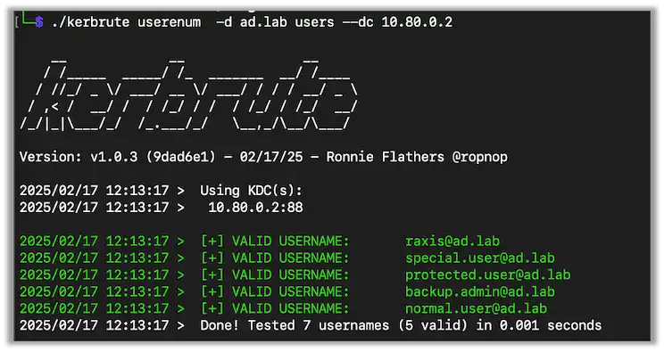 Using the --dc flag in Kerbrute to find domain controllers