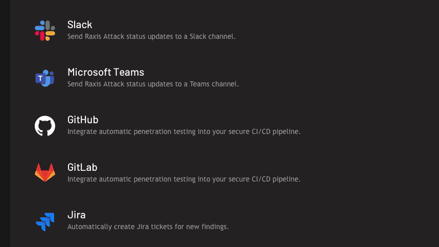 Connect GitHub, GitLab, Jira, Slack, and Teams page from Raxis One
