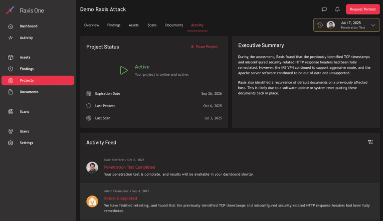 Screenshot of Augmented Penetration Testing and chat with engineer Raxis One Console