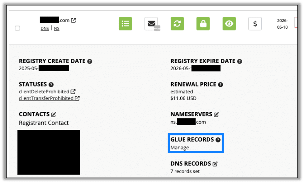 Configure the domain starting with setting the glue record