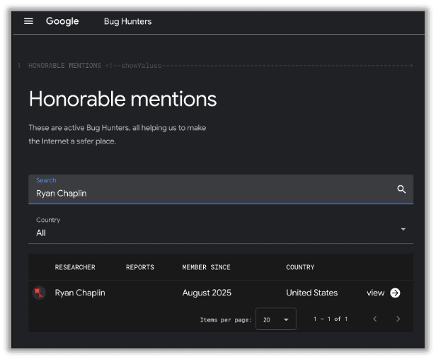 Ryan Chaplin's honorable mention for this Bug Hunters submission.