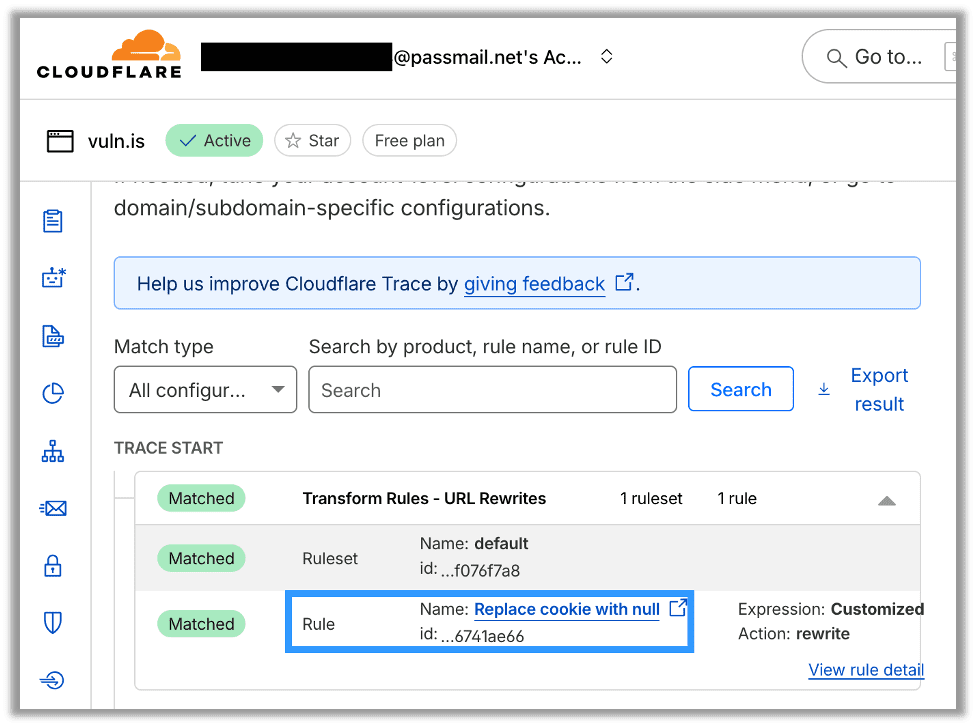 Cloudflare’s Trace tool blocking a typical payload which attempts to access an authentication token stored in a cookie