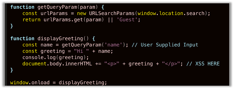 A vulnerable web application which trusts user input in the name parameter of the URL, does not sanitize it, and directly appends the input to the body.