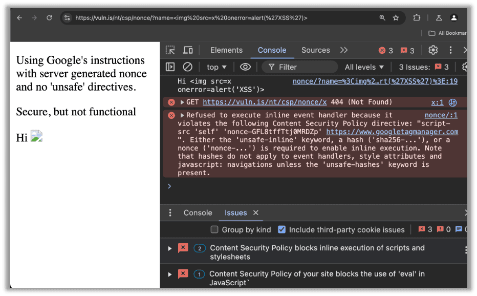 Following Google's directives above, the XSS is blocked but so is our Custom HTML Tag.