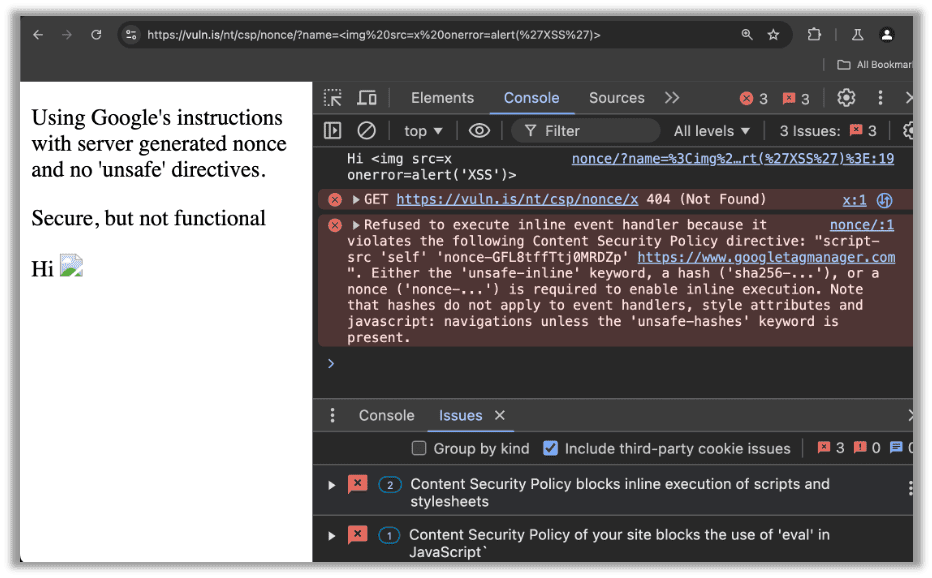 Following Google's directives above, the XSS is blocked but so is our Custom HTML Tag. 