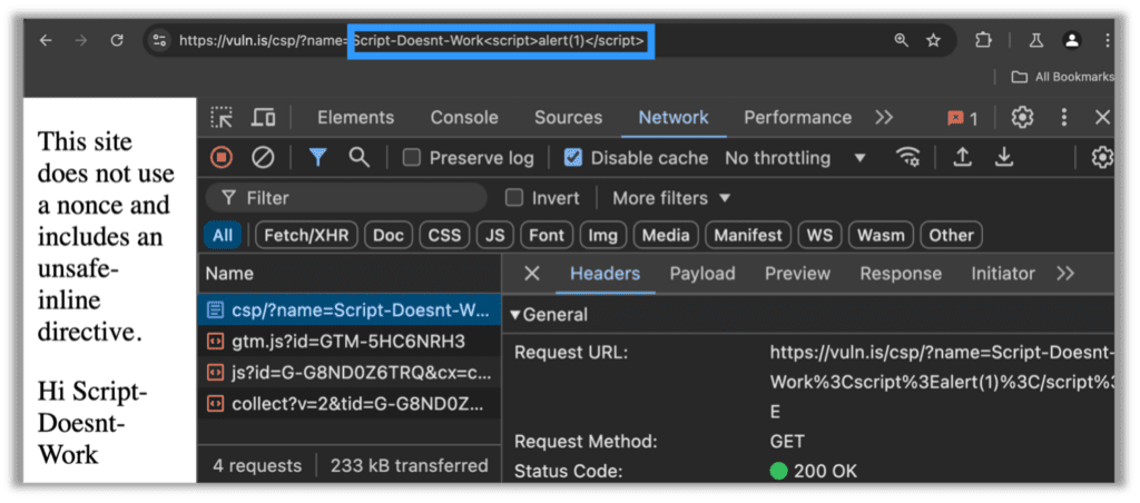 A site which does not use a nonce and includes an unsafe-inline directive.