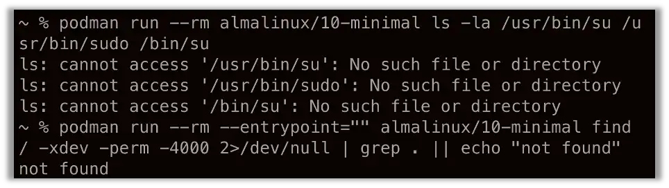 Setuid Binaries Not Available on AlmaLinux Minimal