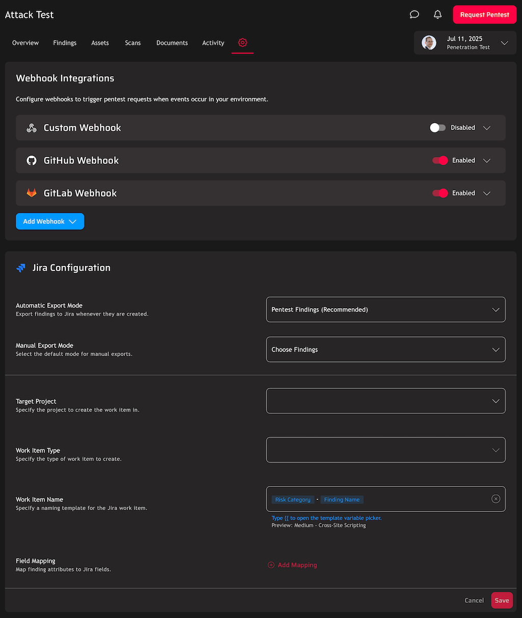 Configure automatic exports, target projects, ticket naming templates, and field mappings — all from the Raxis One integrations console.