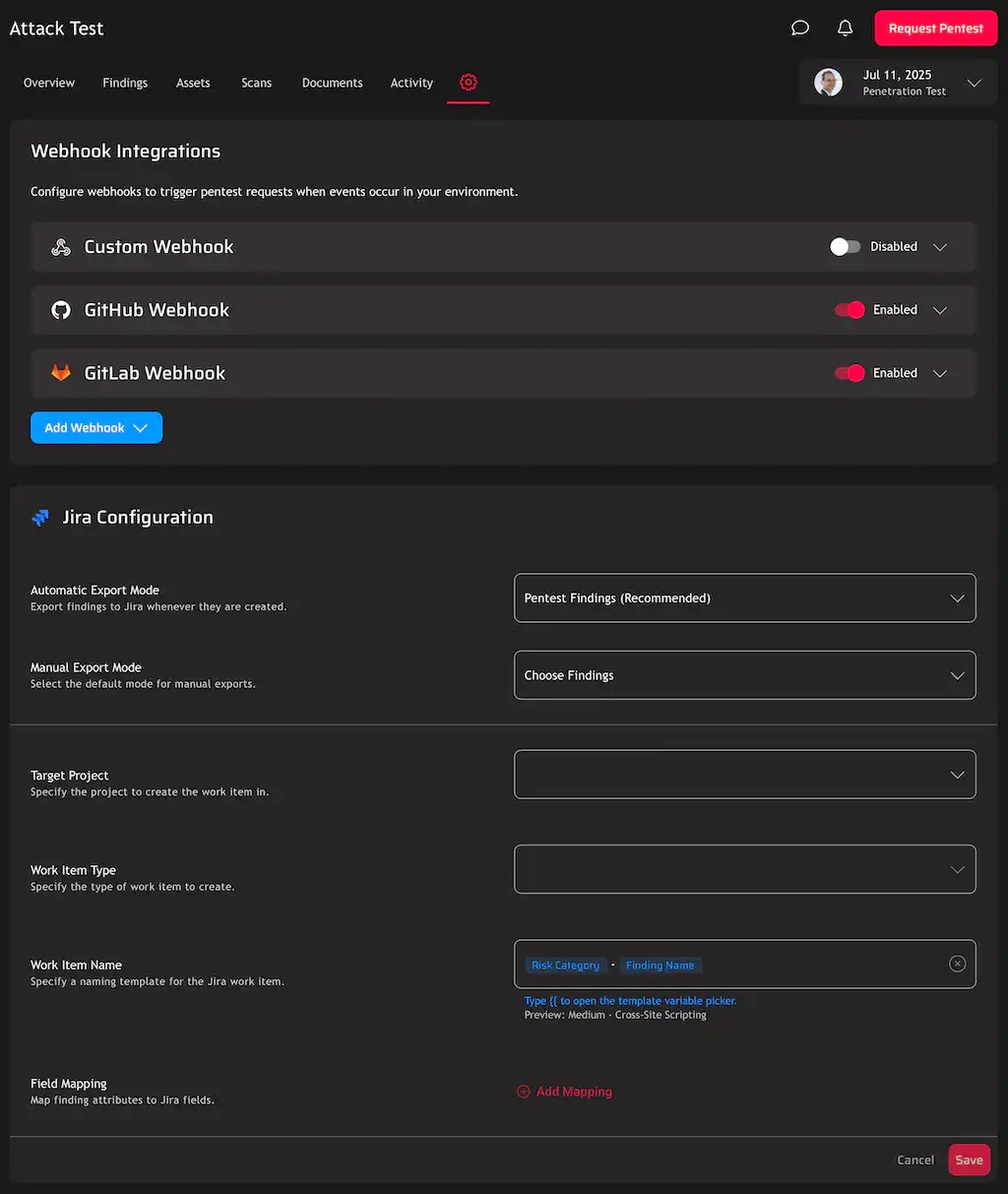 Configure automatic exports, target projects, ticket naming templates, and field mappings — all from the Raxis One integrations console.