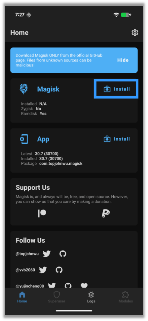 Selecting Install in the Magisk Menu