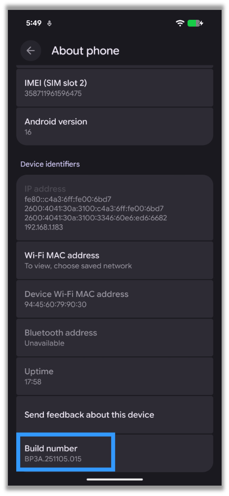 Build Number in Settings > About phone