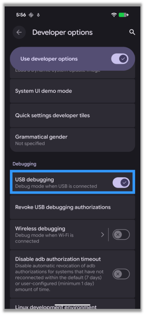 Enabling USB Debugging