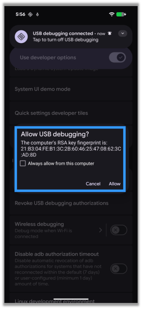 Confirm to Allow USB Debugging
